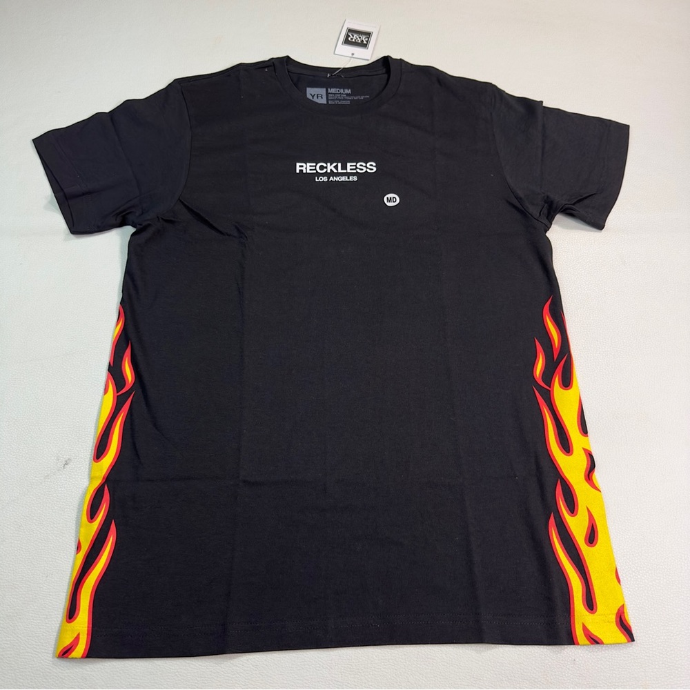 YR Young & Reckless Black Reckless LA Flames Sides  Tee Shirt Cotton